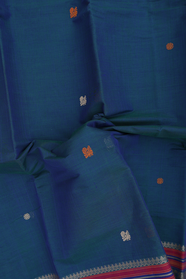 Kanchi Cotton Saree In Teal Blue With Peacock Buttas