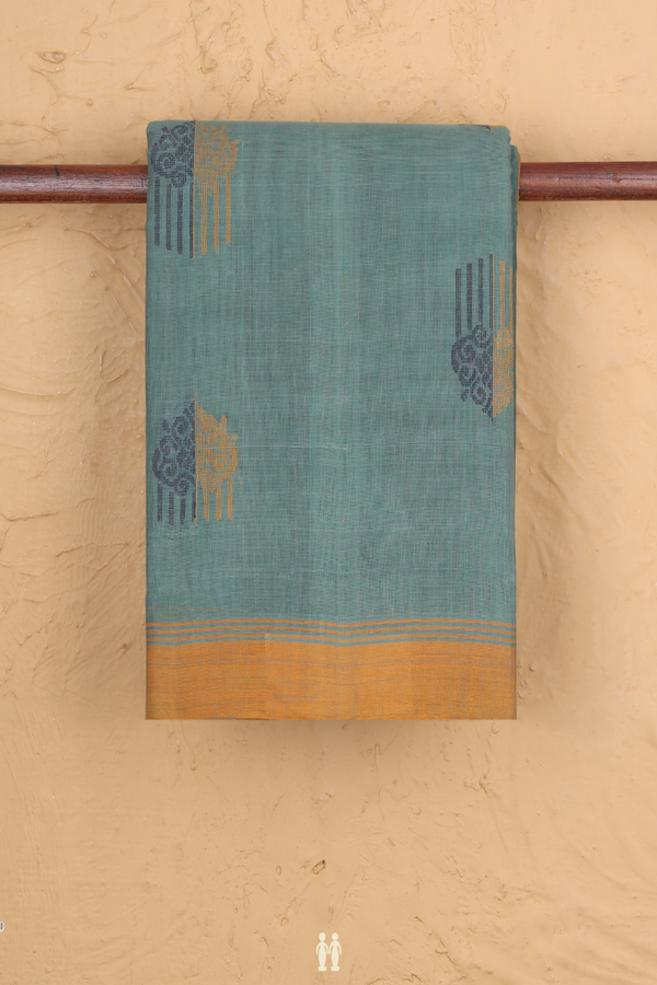 Kanchi Cotton Saree In Turkish Blue With Threadwork Buttas