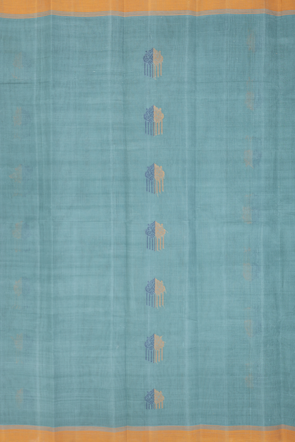 Kanchi Cotton Saree In Turkish Blue With Threadwork Buttas