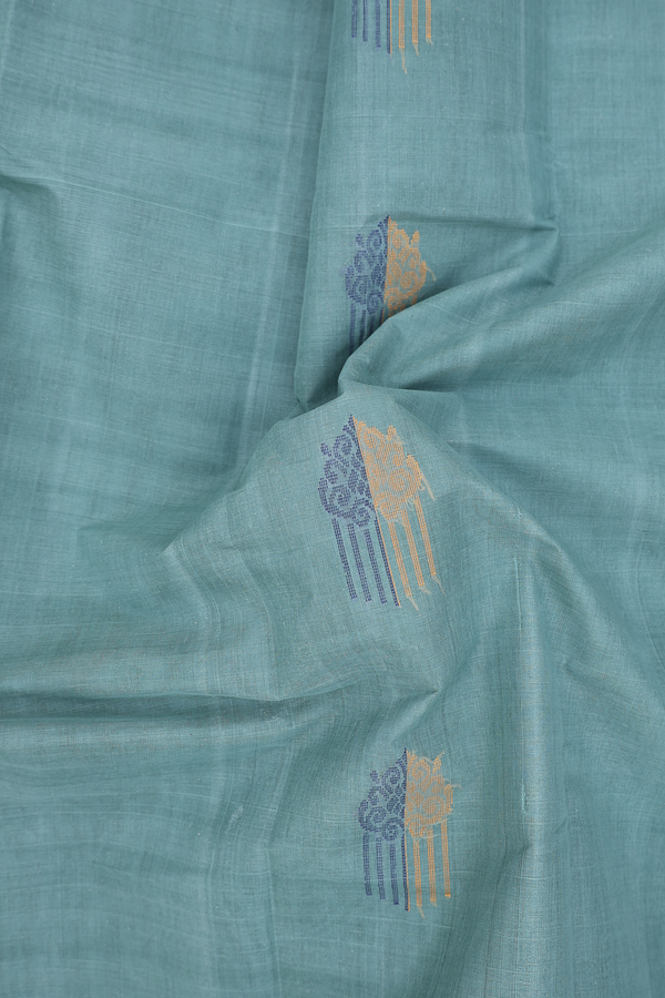 Kanchi Cotton Saree In Turkish Blue With Threadwork Buttas