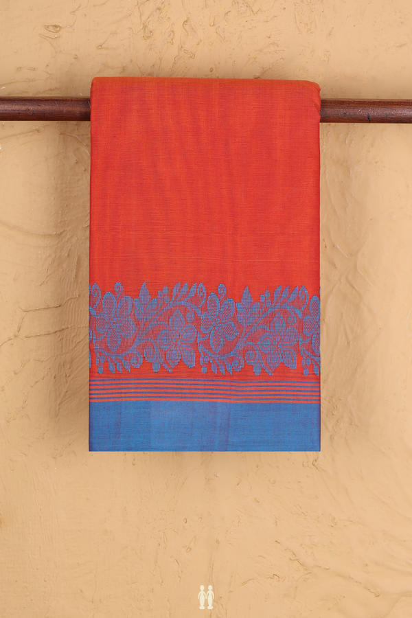 Kanchi Cotton Saree In Vermillion Red With Floral Border