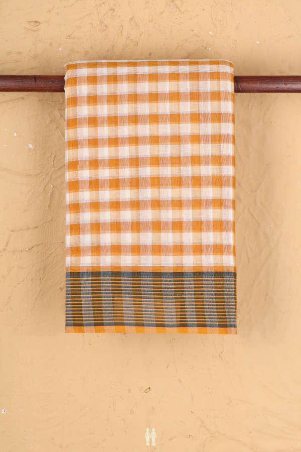 Kanchi Cotton Saree In White And Orange With Checks Design