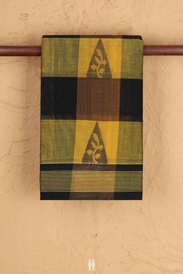 Kanchi Cotton Saree In Yellow And Black With Checks Design