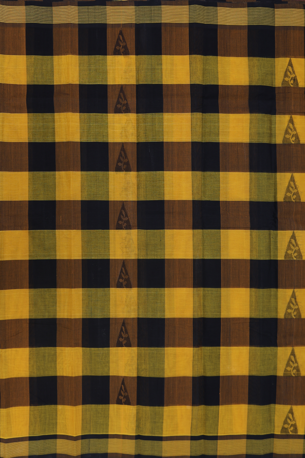Kanchi Cotton Saree In Yellow And Black With Checks Design