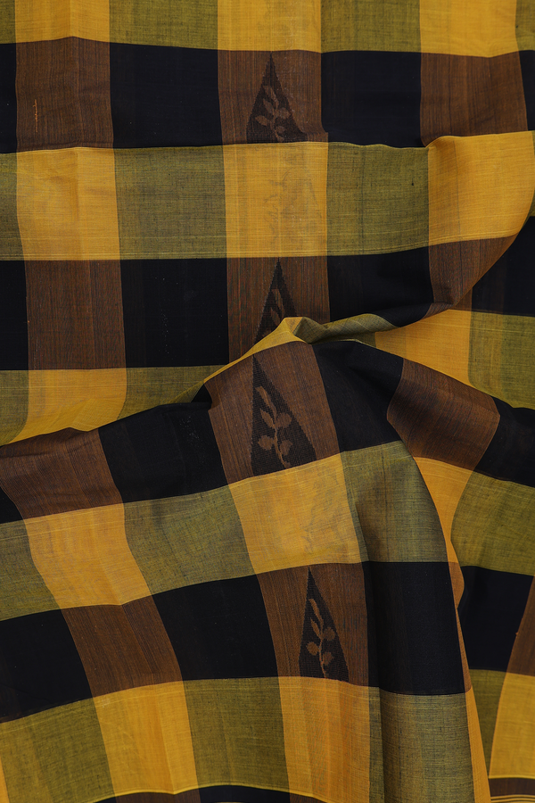 Kanchi Cotton Saree In Yellow And Black With Checks Design