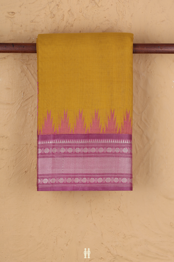 Kanchi Cotton Saree In Yellow With Contrast Silk Border