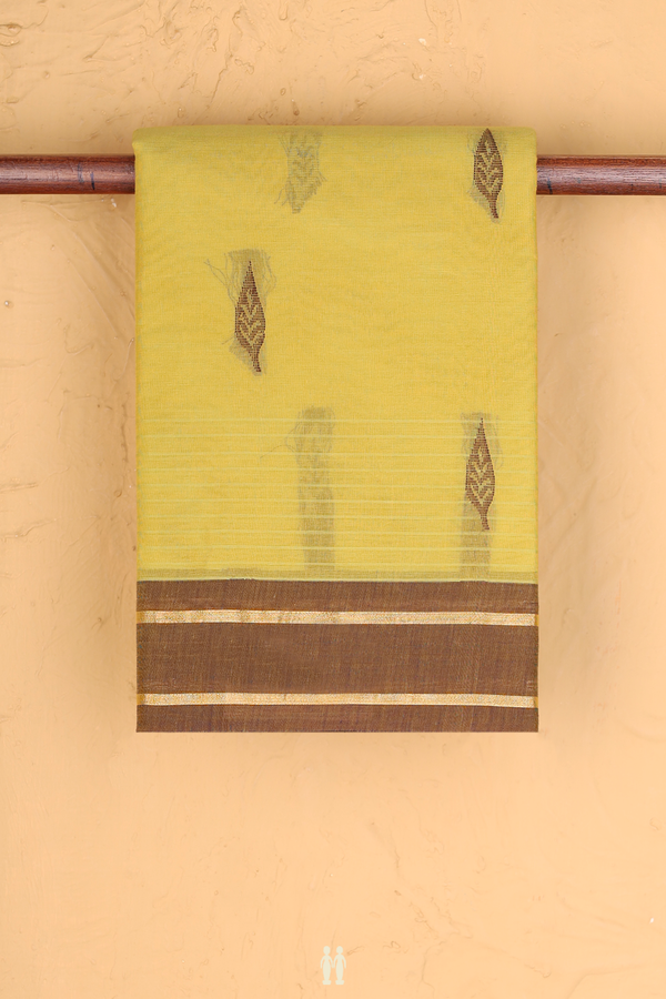 Kanchi Cotton Saree In Yellow With Leaf Buttas