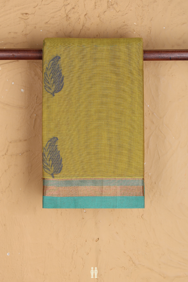 Kanchi Cotton Saree In Olive Yellow With Threadwork Motifs