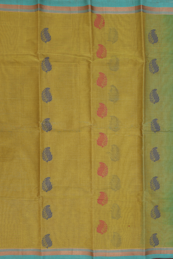 Kanchi Cotton Saree In Olive Yellow With Threadwork Motifs