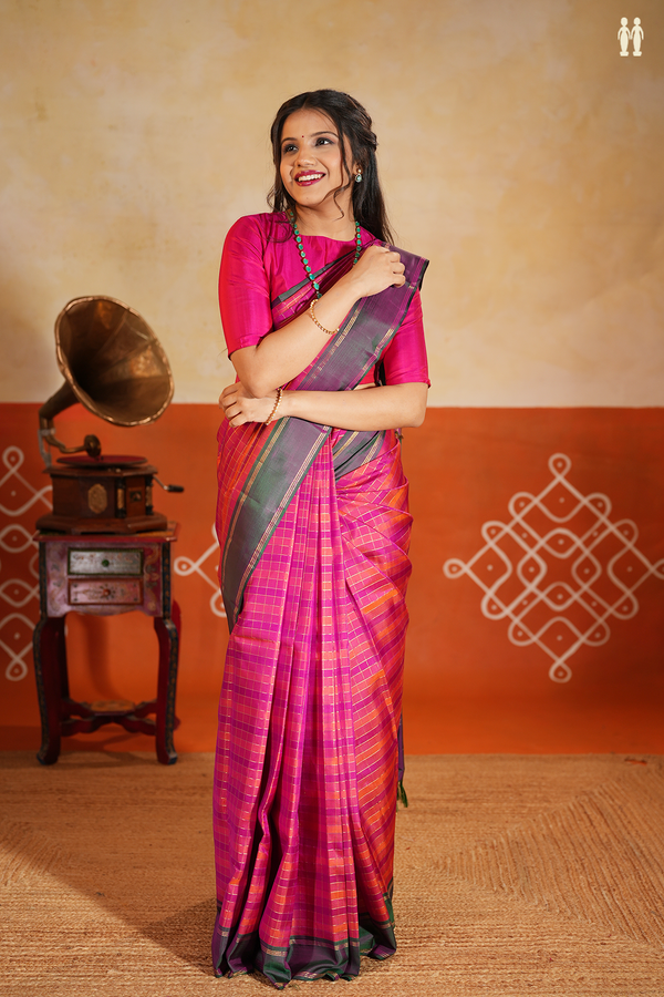 Kanchipuram Silk Saree In Shades Of Pink With Checks Design