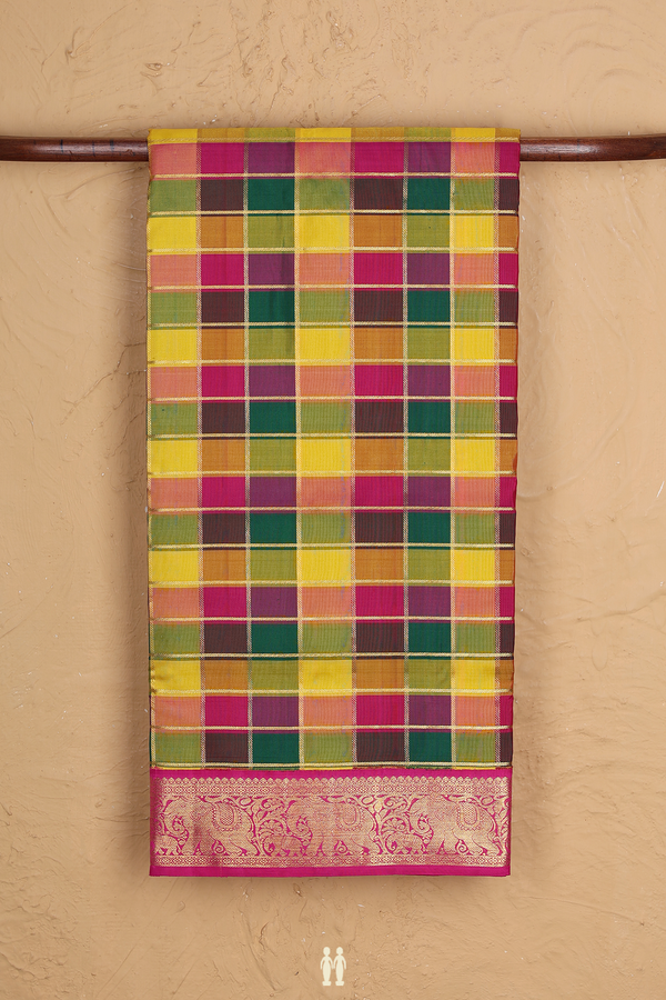 Kanchipuram Nine Yards Silk Saree Multicolor With Checks Design