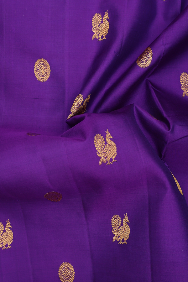 Kanchipuram Nine Yards Silk Saree Purple With Peacock Buttas