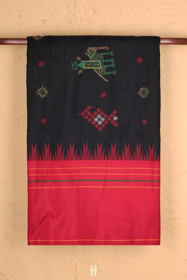 Kanchipuram Silk In Black With Threadwork Design