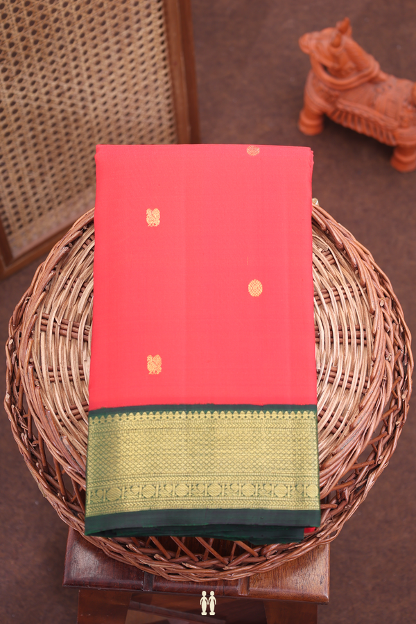 Kanchipuram Silk Saree In Chilli Red With Peacock Buttas