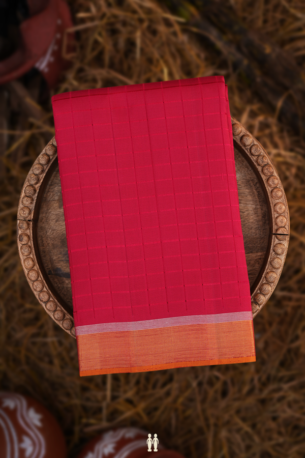 Kanchipuram Silk Saree In Crimson Red With Checks Design