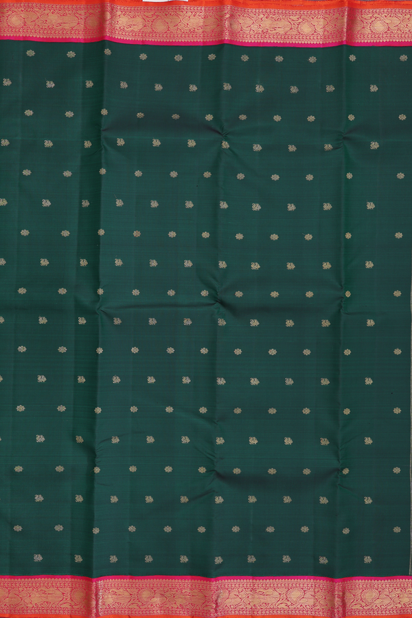 Kanchipuram Silk Saree In Forest Green With Peacock Buttas