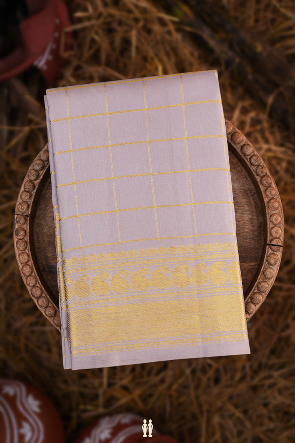 Kanchipuram Silk Saree In Light Grey With Checks Design