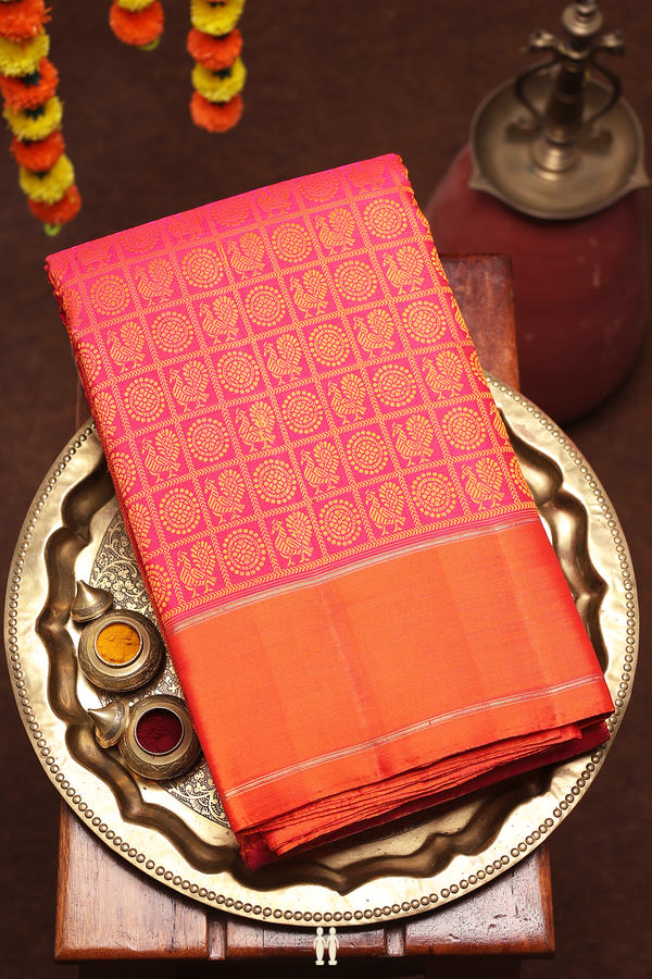 Kanchipuram Silk Saree In Rani Pink With Jacquard Pattern