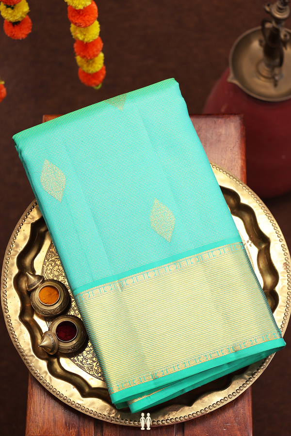 Kanchipuram Silk Saree In Sea Green Along Checks With Buttas