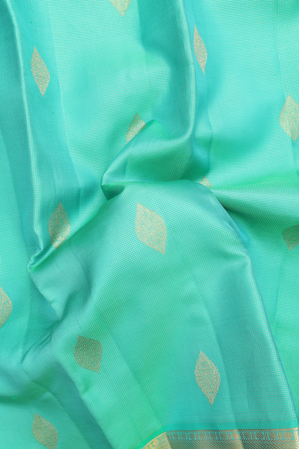 Kanchipuram Silk Saree In Sea Green Along Checks With Buttas