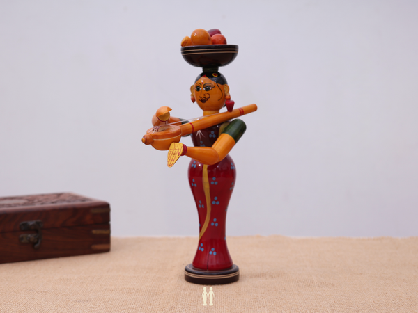 Wooden Handicraft Lady Selling Fruits Doll For Showpiece