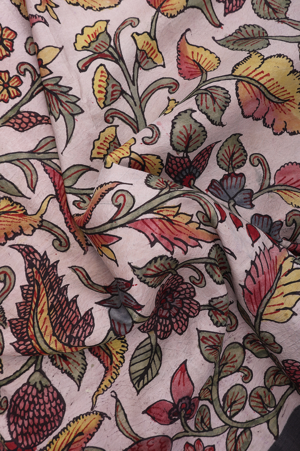 Kanchipuram Silk Saree Beige With Floral Hand Painted Design