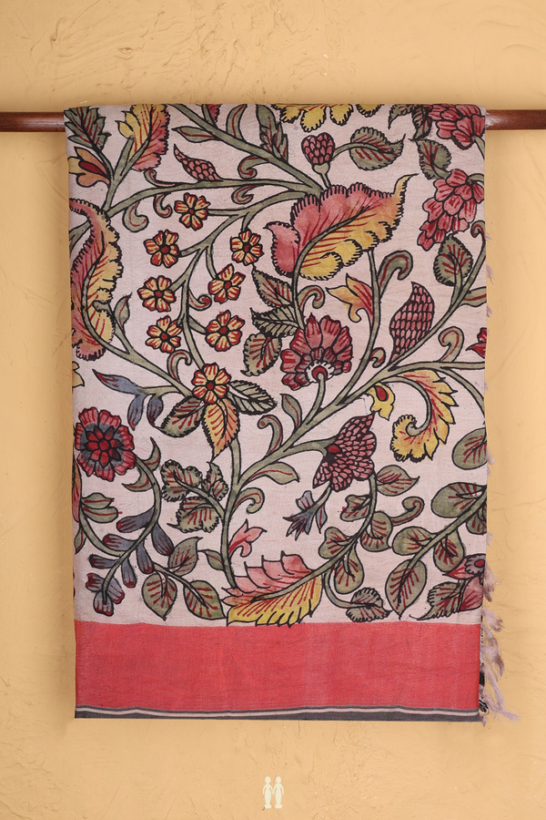 Kanchipuram Silk Saree Beige With Floral Hand Painted Design