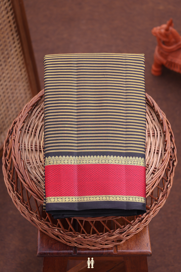 Kanchipuram Silk Saree Black And Brown With Stripes Design
