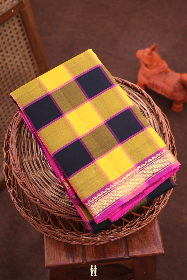 Kanchipuram Silk Saree Black And Yellow With Checks Design
