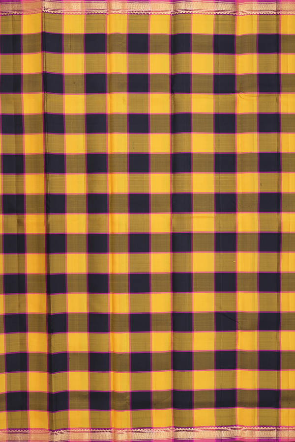 Kanchipuram Silk Saree Black And Yellow With Checks Design