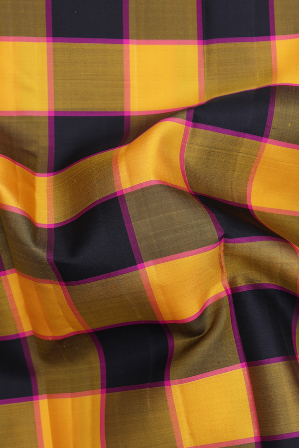 Kanchipuram Silk Saree Black And Yellow With Checks Design