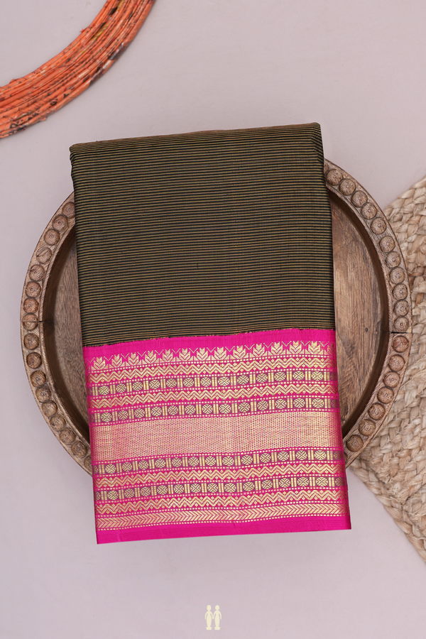 Kanchipuram Silk Saree Black And Yellow With Stripes Design