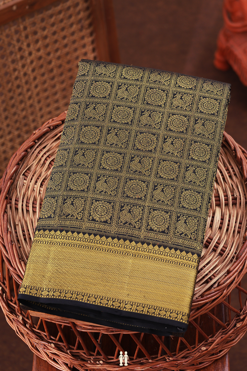 Kanchipuram Silk Saree Black With Peacock And Chakram Design