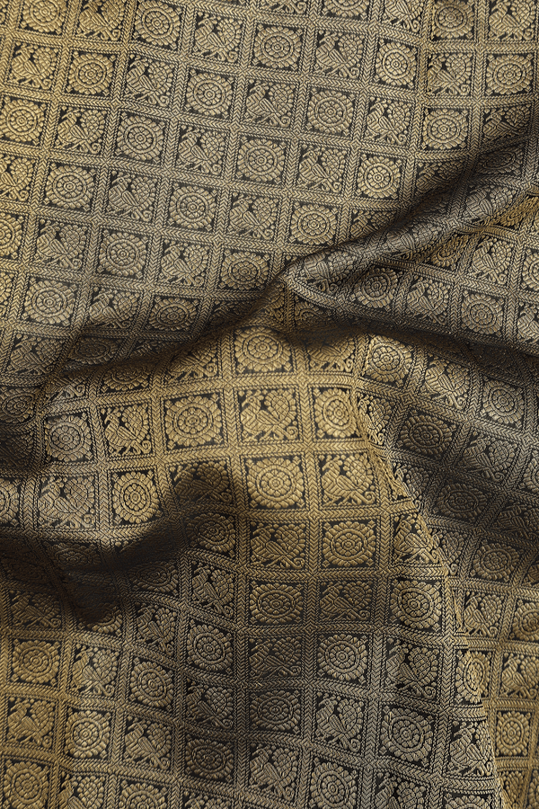 Kanchipuram Silk Saree Black With Peacock And Chakram Design