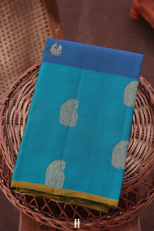 Kanchipuram Silk Saree In Blue Along Stripes With Buttas