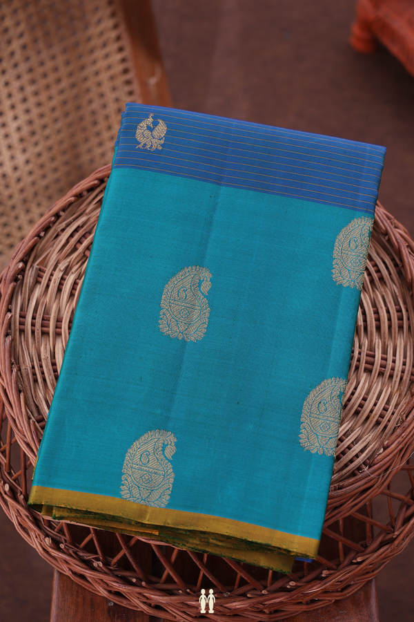 Kanchipuram Silk Saree In Blue Along Stripes With Buttas