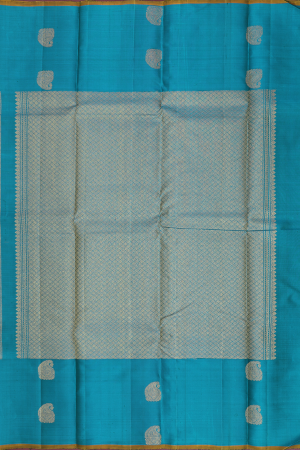 Kanchipuram Silk Saree In Blue Along Stripes With Buttas
