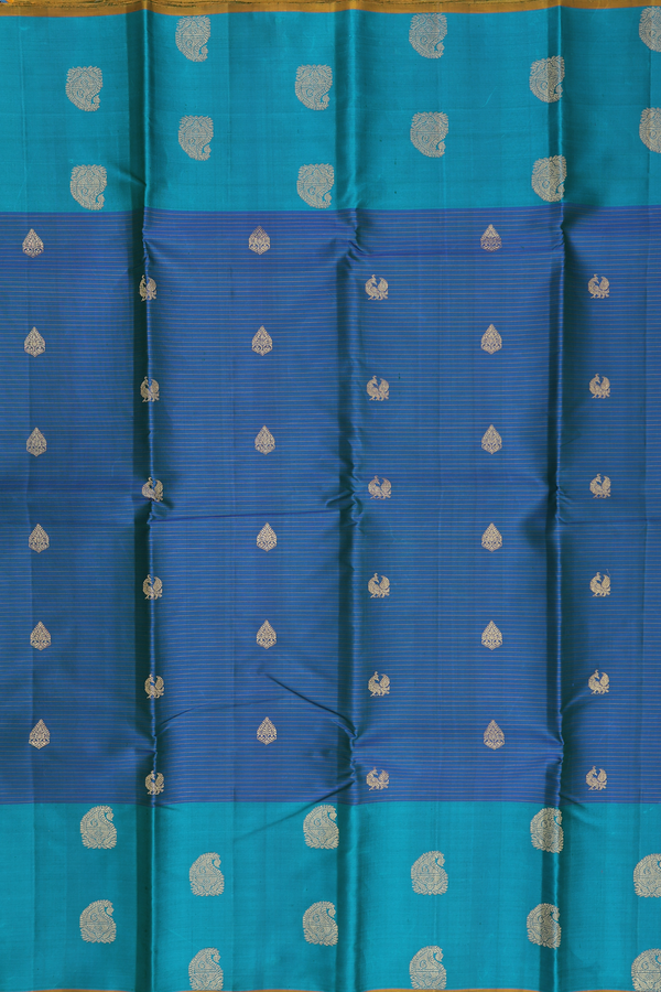 Kanchipuram Silk Saree In Blue Along Stripes With Buttas