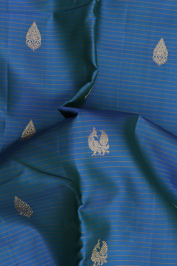 Kanchipuram Silk Saree In Blue Along Stripes With Buttas
