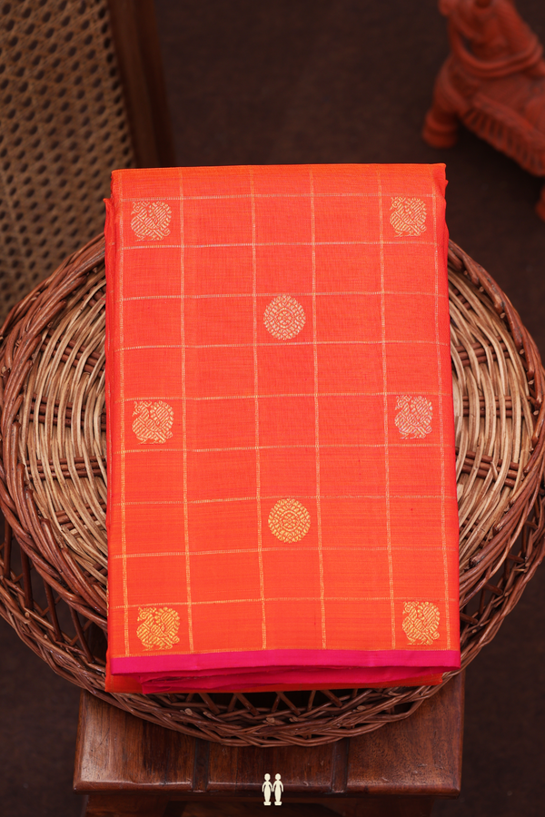 Kanchipuram Silk Saree Bright Orange With Checks Along Buttas
