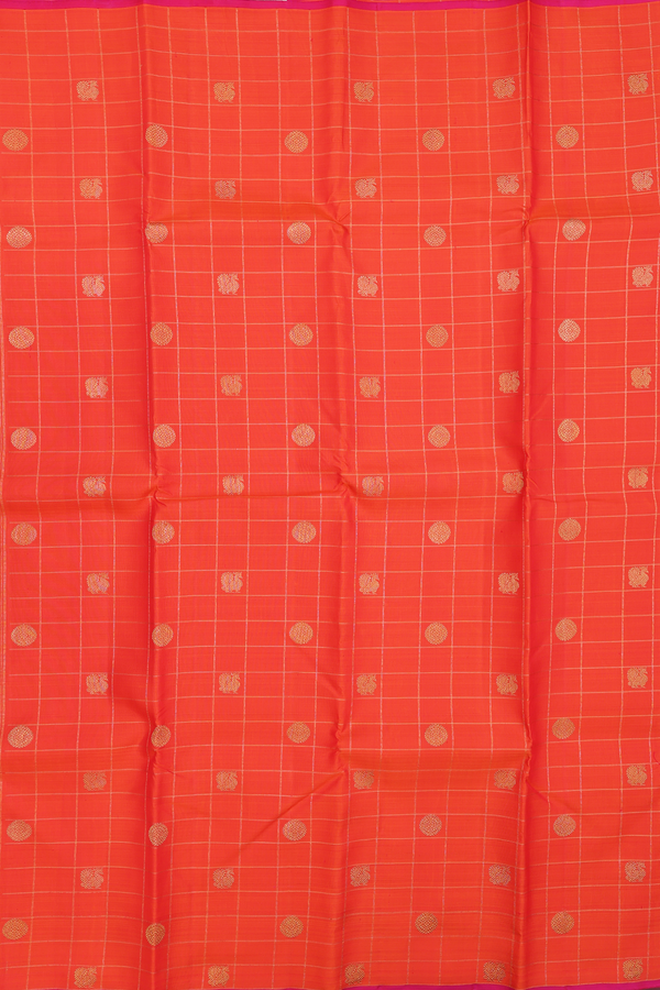 Kanchipuram Silk Saree Bright Orange With Checks Along Buttas