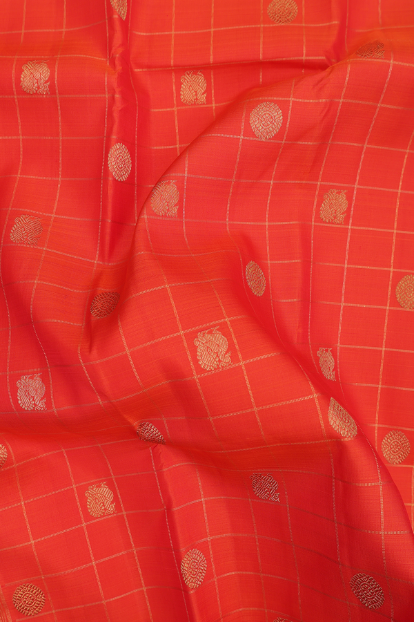 Kanchipuram Silk Saree Bright Orange With Checks Along Buttas