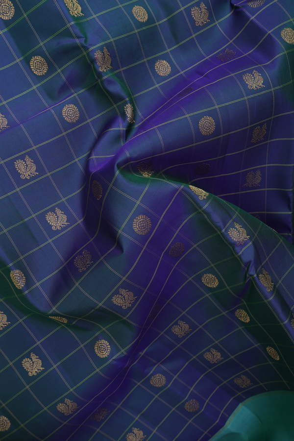 Kanchipuram Silk Saree Capri Blue Along Checks With Buttas