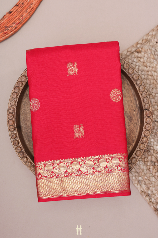 Kanchipuram Silk Saree Chilli Red With Peacock Chakram Buttas