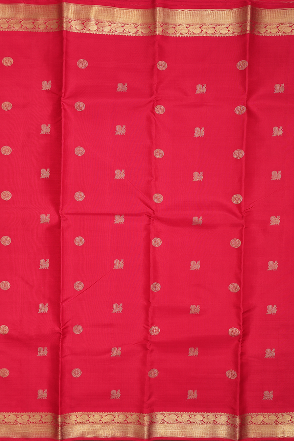 Kanchipuram Silk Saree Chilli Red With Peacock Chakram Buttas