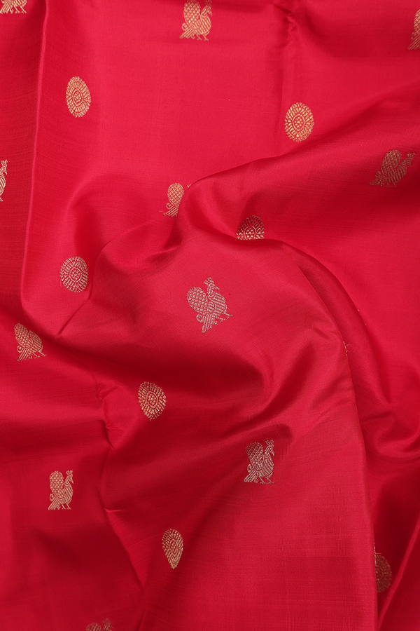Kanchipuram Silk Saree Chilli Red With Peacock Chakram Buttas