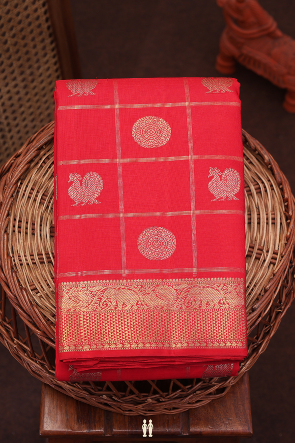 Kanchipuram Silk Saree Crimson Red Checks Along With Buttas