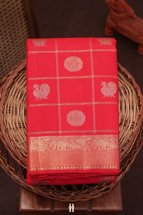 Kanchipuram Silk Saree Crimson Red Checks Along With Buttas
