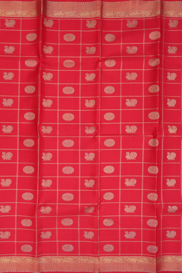 Kanchipuram Silk Saree Crimson Red Checks Along With Buttas