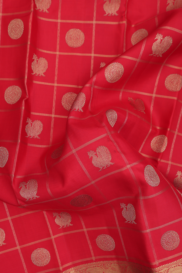 Kanchipuram Silk Saree Crimson Red Checks Along With Buttas